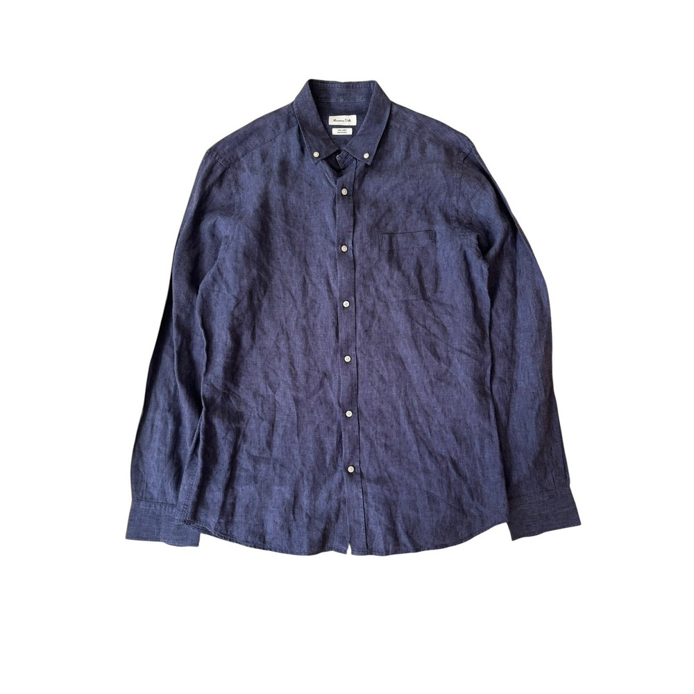 Massimo Dutti Shirt Mens Large Navy Blue 100% Linen Long Sleeve Button Down
